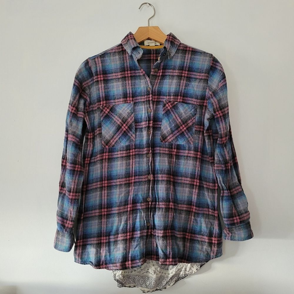 Plaid Button-Up Shirt in Blue and Pink